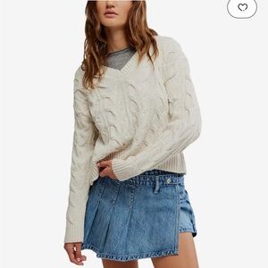 Free People Washed Cable Knit V-Neck Sweater in Optic White